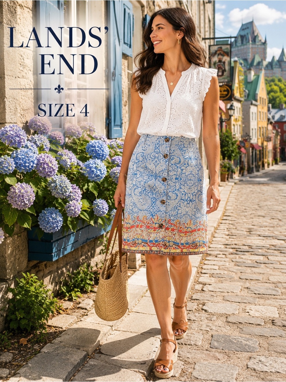 Lands’ End Blue Paisley Button Front A-Line Skirt Size 4 Boho Coastal